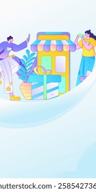 Holiday shopping people doing e-commerce online shopping flat vector concept operation hand drawn illustration