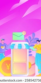 Holiday shopping people doing e-commerce online shopping flat vector concept operation hand drawn illustration