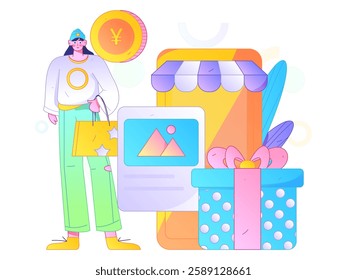 Holiday shopping people doing e-commerce online shopping flat vector concept operation hand drawn illustration
