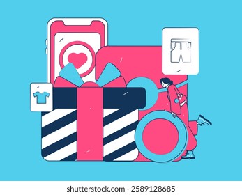 Holiday shopping people doing e-commerce online shopping flat vector concept operation hand drawn illustration
