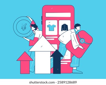 Holiday shopping people doing e-commerce online shopping flat vector concept operation hand drawn illustration
