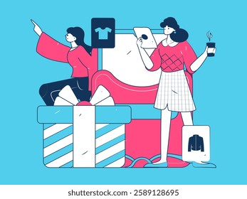 Holiday shopping people doing e-commerce online shopping flat vector concept operation hand drawn illustration
