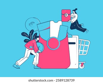 Holiday shopping people doing e-commerce online shopping flat vector concept operation hand drawn illustration
