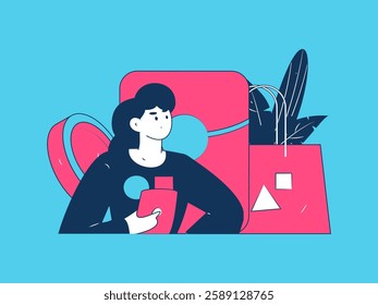 Holiday shopping people doing e-commerce online shopping flat vector concept operation hand drawn illustration
