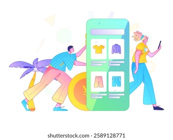 Holiday shopping people doing e-commerce online shopping flat vector concept operation hand drawn illustration
