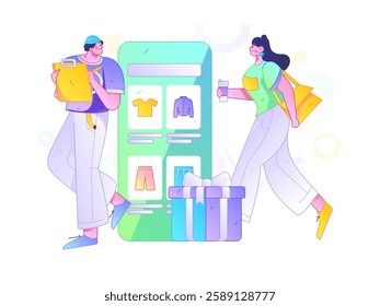 Holiday shopping people doing e-commerce online shopping flat vector concept operation hand drawn illustration
