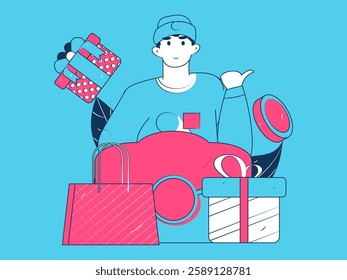 Holiday shopping people doing e-commerce online shopping flat vector concept operation hand drawn illustration
