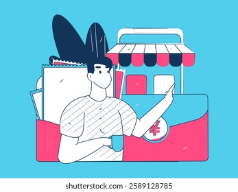 Holiday shopping people doing e-commerce online shopping flat vector concept operation hand drawn illustration
