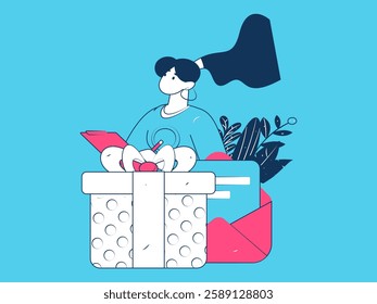 Holiday shopping people doing e-commerce online shopping flat vector concept operation hand drawn illustration
