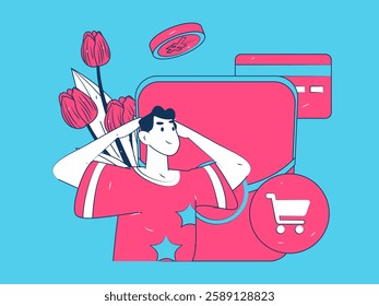 Holiday shopping people doing e-commerce online shopping flat vector concept operation hand drawn illustration
