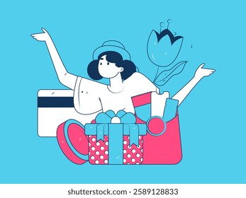 Holiday shopping people doing e-commerce online shopping flat vector concept operation hand drawn illustration
