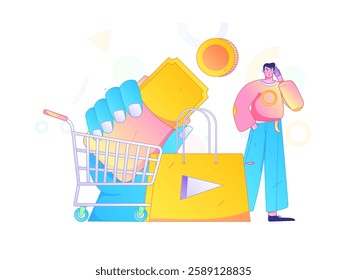 Holiday shopping people doing e-commerce online shopping flat vector concept operation hand drawn illustration
