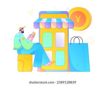 Holiday shopping people doing e-commerce online shopping flat vector concept operation hand drawn illustration
