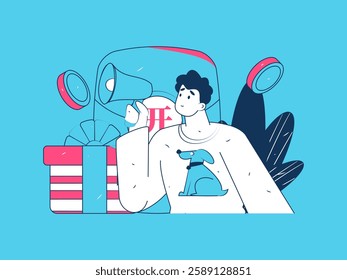 Holiday shopping people doing e-commerce online shopping flat vector concept operation hand drawn illustration
