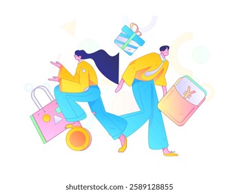 Holiday shopping people doing e-commerce online shopping flat vector concept operation hand drawn illustration

