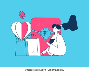 Holiday shopping people doing e-commerce online shopping flat vector concept operation hand drawn illustration

