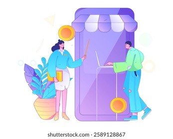 Holiday shopping people doing e-commerce online shopping flat vector concept operation hand drawn illustration
