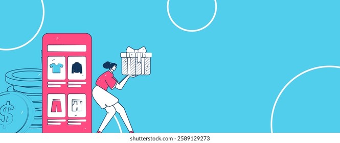 Holiday shopping people doing e-commerce online shopping flat vector concept operation hand drawn illustration