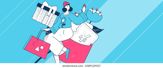 Holiday shopping people doing e-commerce online shopping flat vector concept operation hand drawn illustration