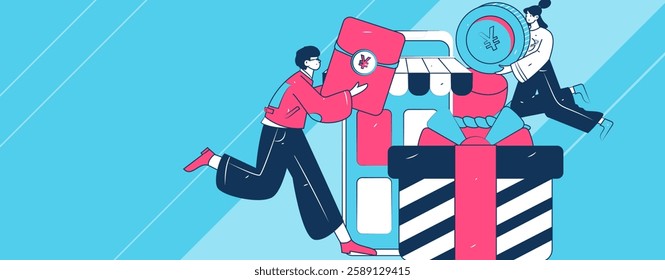 Holiday shopping people doing e-commerce online shopping flat vector concept operation hand drawn illustration