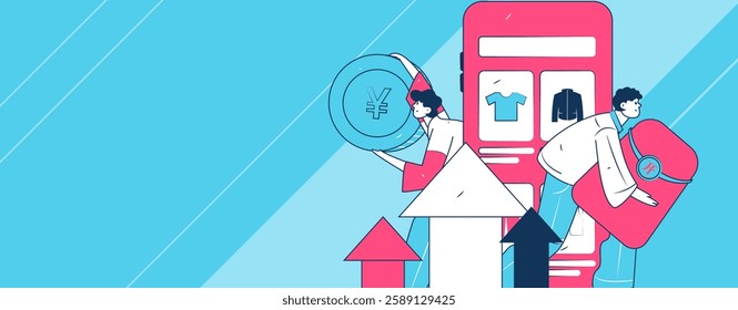Holiday shopping people doing e-commerce online shopping flat vector concept operation hand drawn illustration