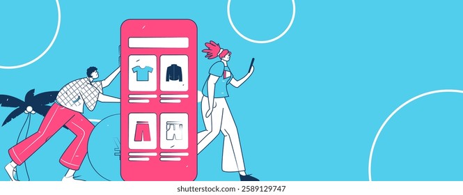 Holiday shopping people doing e-commerce online shopping flat vector concept operation hand drawn illustration
