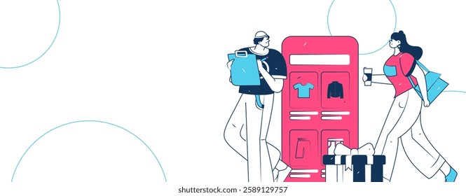 Holiday shopping people doing e-commerce online shopping flat vector concept operation hand drawn illustration
