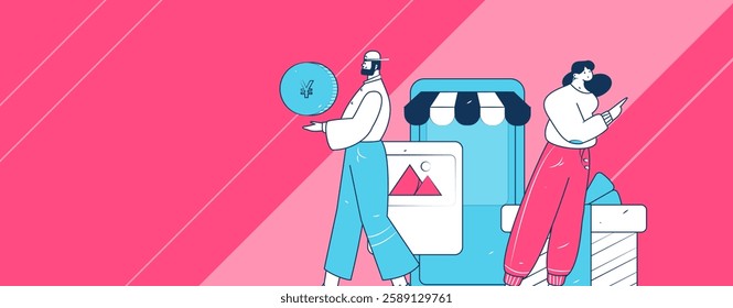 Holiday shopping people doing e-commerce online shopping flat vector concept operation hand drawn illustration
