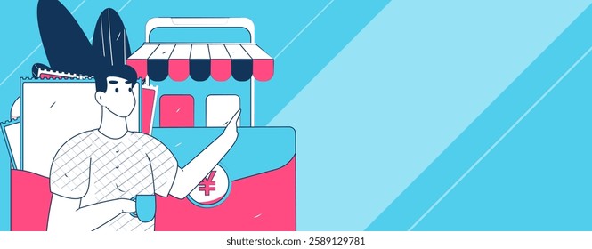 Holiday shopping people doing e-commerce online shopping flat vector concept operation hand drawn illustration
