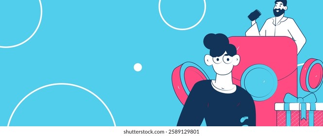 Holiday shopping people doing e-commerce online shopping flat vector concept operation hand drawn illustration
