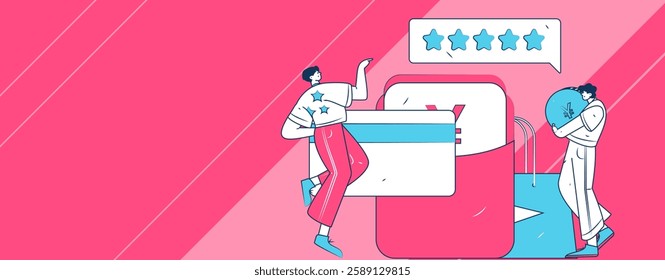 Holiday shopping people doing e-commerce online shopping flat vector concept operation hand drawn illustration
