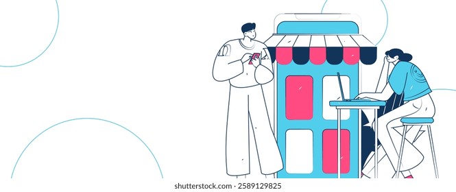 Holiday shopping people doing e-commerce online shopping flat vector concept operation hand drawn illustration
