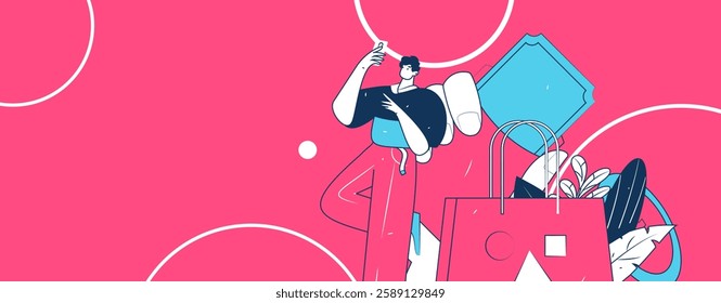 Holiday shopping people doing e-commerce online shopping flat vector concept operation hand drawn illustration
