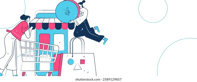 Holiday shopping people doing e-commerce online shopping flat vector concept operation hand drawn illustration
