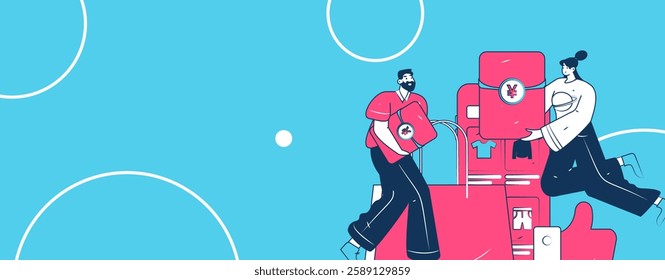 Holiday shopping people doing e-commerce online shopping flat vector concept operation hand drawn illustration
