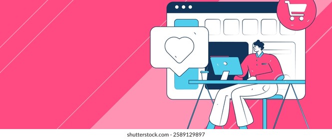 Holiday shopping people doing e-commerce online shopping flat vector concept operation hand drawn illustration

