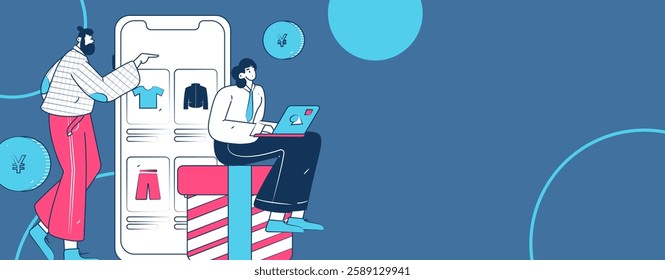 Holiday shopping people doing e-commerce online shopping flat vector concept operation hand drawn illustration
