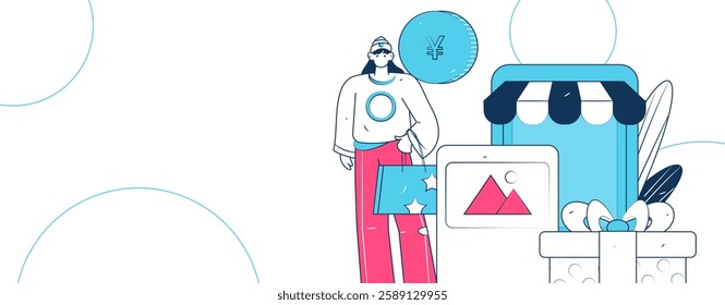 Holiday shopping people doing e-commerce online shopping flat vector concept operation hand drawn illustration
