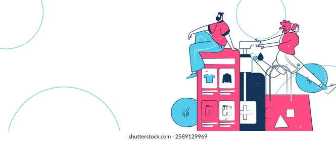 Holiday shopping people doing e-commerce online shopping flat vector concept operation hand drawn illustration
