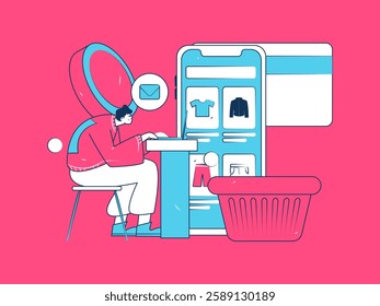 Holiday shopping people doing e-commerce online shopping flat vector concept operation hand drawn illustration