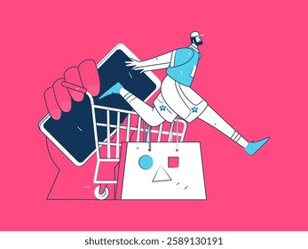 Holiday shopping people doing e-commerce online shopping flat vector concept operation hand drawn illustration