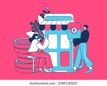 Holiday shopping people doing e-commerce online shopping flat vector concept operation hand drawn illustration