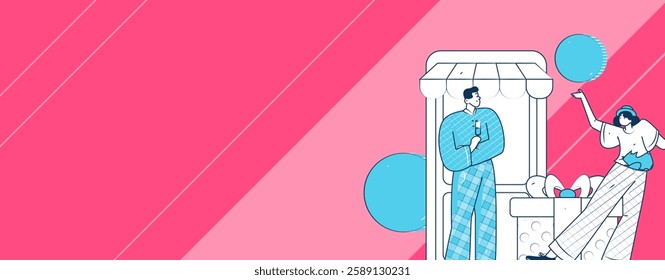 Holiday shopping people doing e-commerce online shopping flat vector concept operation hand drawn illustration