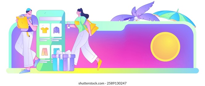 Holiday shopping people doing e-commerce online shopping flat vector concept operation hand drawn illustration