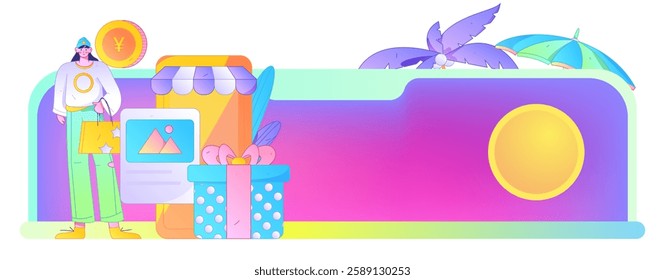 Holiday shopping people doing e-commerce online shopping flat vector concept operation hand drawn illustration