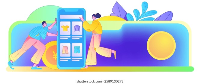 Holiday shopping people doing e-commerce online shopping flat vector concept operation hand drawn illustration