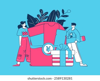 Holiday shopping people doing e-commerce online shopping flat vector concept operation hand drawn illustration