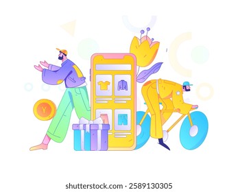 Holiday shopping people doing e-commerce online shopping flat vector concept operation hand drawn illustration