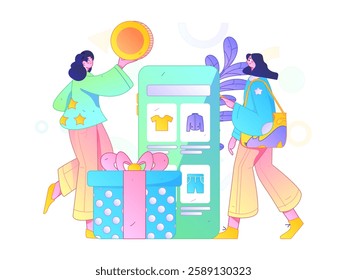 Holiday shopping people doing e-commerce online shopping flat vector concept operation hand drawn illustration