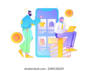 Holiday shopping people doing e-commerce online shopping flat vector concept operation hand drawn illustration